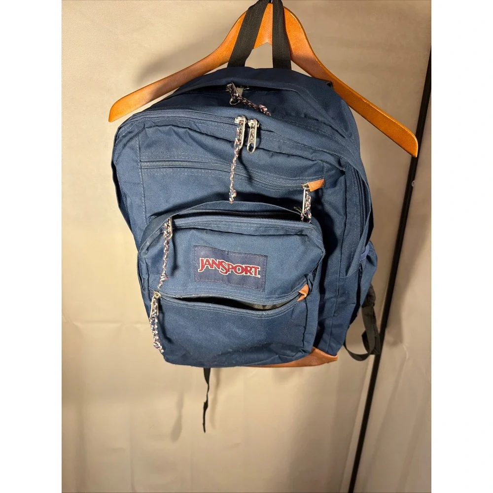 JanSport Backpack Unisex OS Navy Blue Excellent Faux Leather Bottom Multi-Pocket